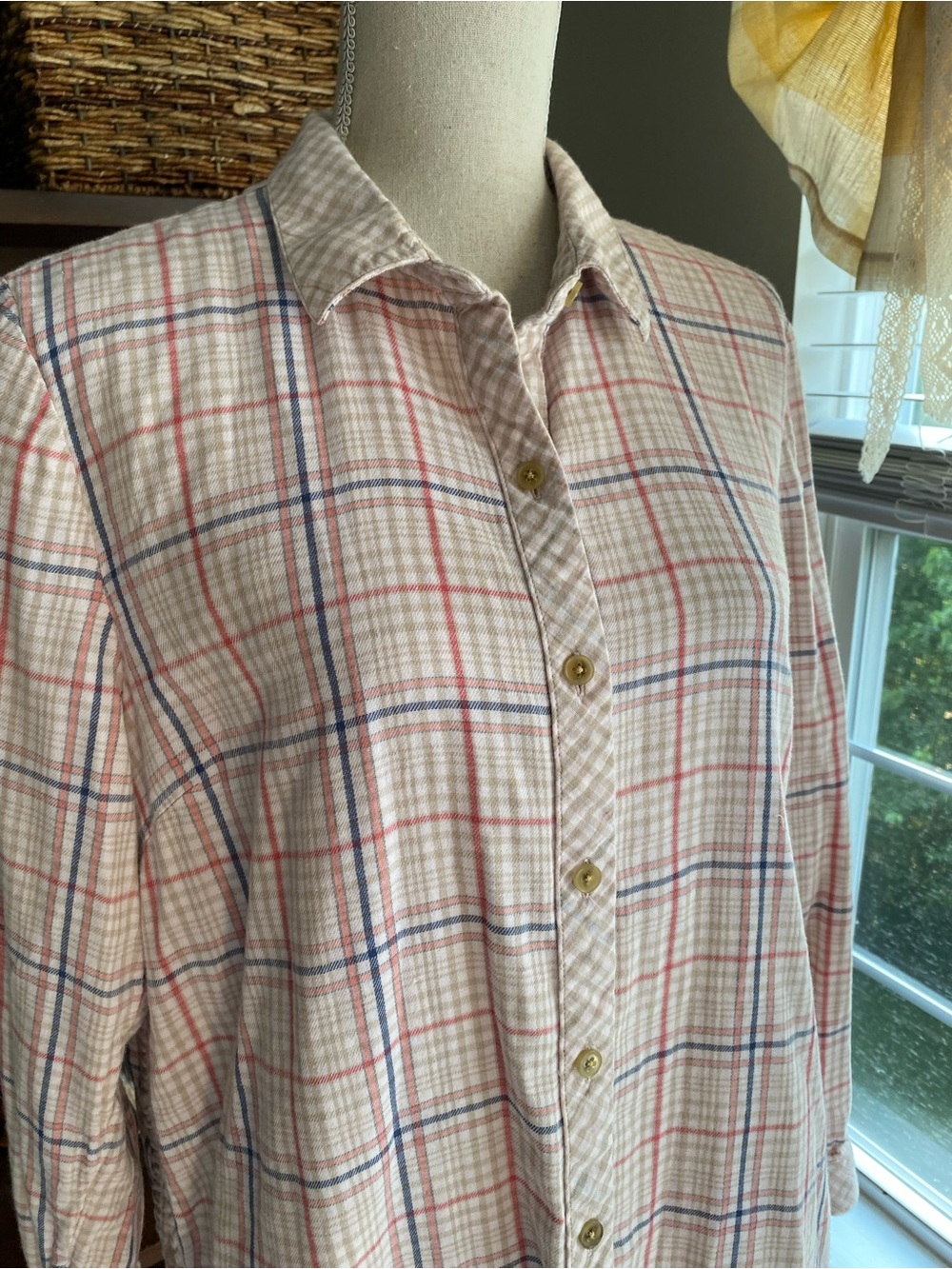J. Jill Super Soft Beige and White Gingham Button-Up Flannel Blouse EUC